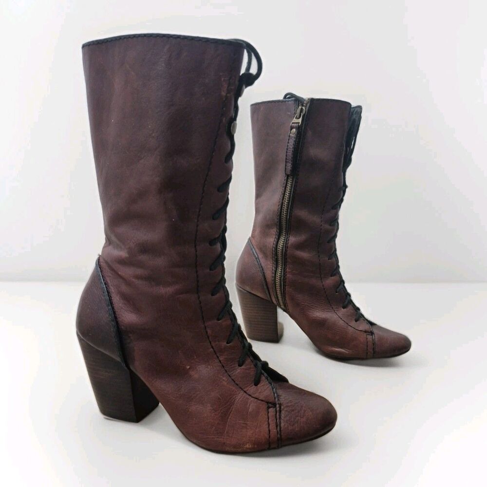Fossil Lace-up Mid-calf Leather Boots 3”Heels Women Size 6.5 Brown  VTG